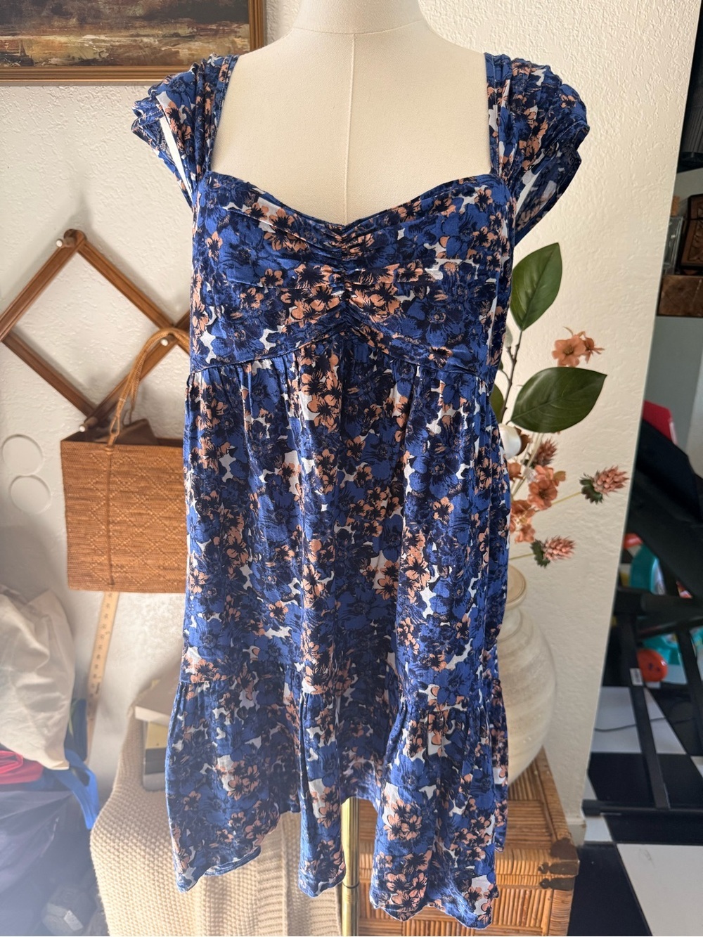 Free People Navy and Blush Floral Smocked Top